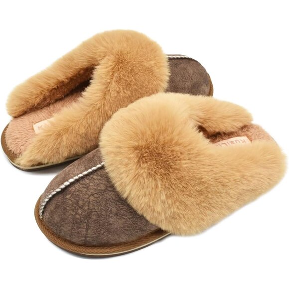 🆕Women Brown Suede Fluff Dual Memory Foam Arch Support Warm Scuff Slipper - Picture 9 of 10